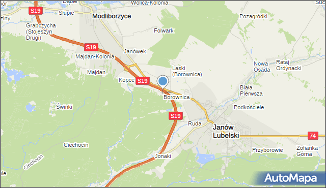 mapa Borownica, Borownica gmina Janów Lubelski na mapie Targeo